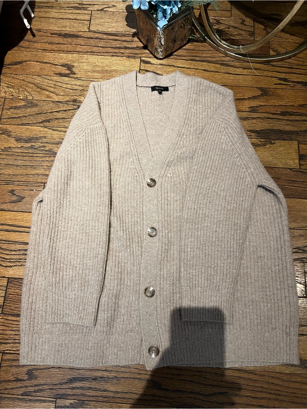Quince Beige Ribbed Button-Up Cardigan